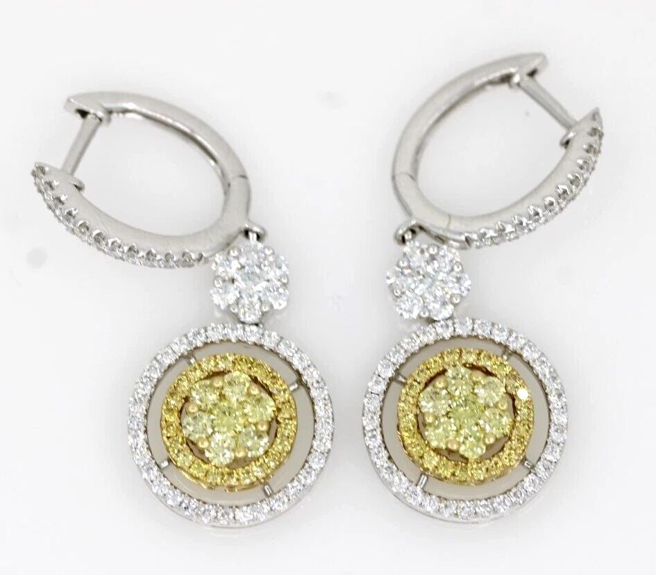18K WHITE GOLD NATURAL YELLOW & WHITE DIAMOND FLOWER DANGLE EARRINGS 5.5 GRAMS (1 of 2)