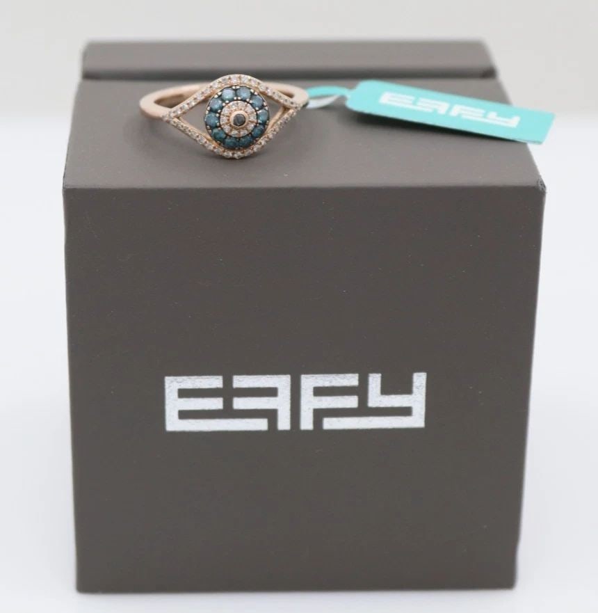 EFFY 14K ROSE GOLD 0.37 TCW BLUE, WHITE & BLACK DIAMOND EVIL EYE RING SIZE 7: EFFY 14K ROSE GOLD 0.37 TCW BLUE, WHITE & BLACK DIAMOND EVIL EYE RING SIZE 7 Description Effy 14K Rose Gold 0.37 TCW Blue, White & Black Diamond Evil Eye Ring Ring is in good condition. May show signs
