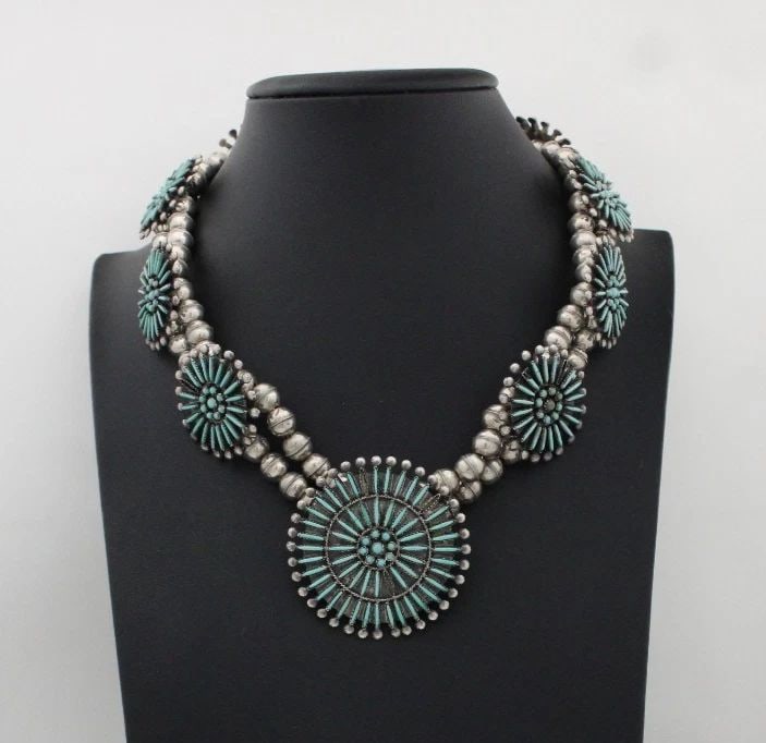 SIGNED ZUNI TURQUOISE NEEDLE POINT SQUASH BLOSSOM NECKLACE 17" - 76.9 GRAMS (1 of 2)