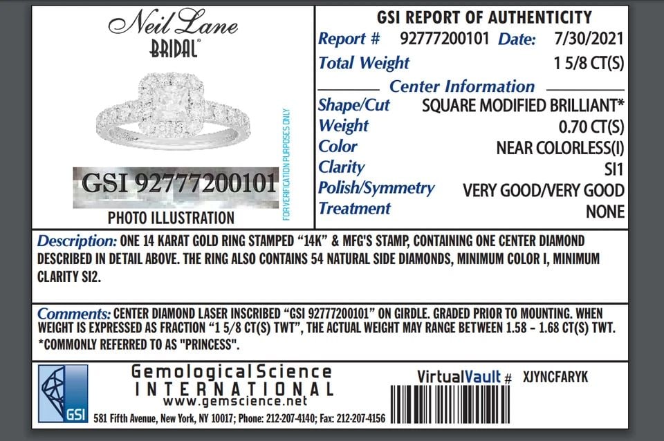 NEIL LANE 14K WHITE GOLD 1.6 TCW NATURAL DIAMOND PRINCESS CUT ENGAGEMENT RING (1 of 2)