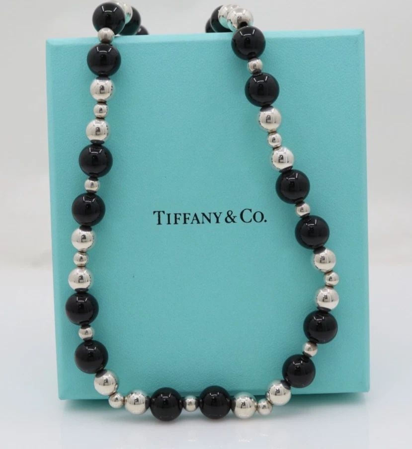 TIFFANY & CO. STERLING SILVER & BLACK ONYX BEADED NECKLACE 29" W/ BOX (1 of 2)