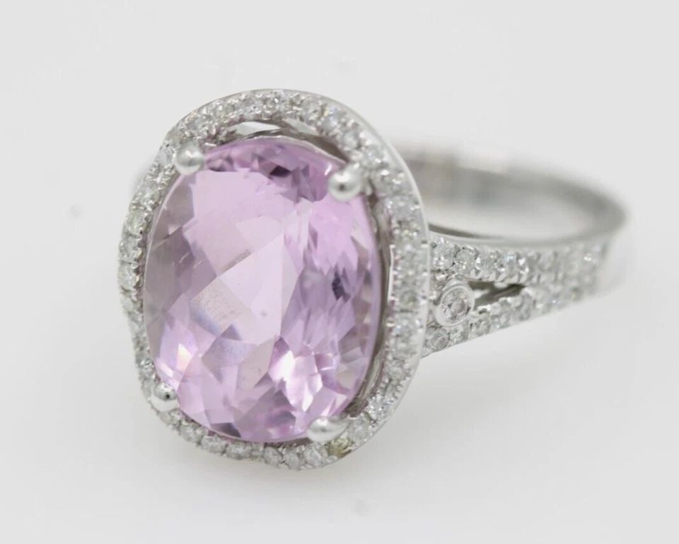 CJ 14K WHITE GOLD 5.76 TCW KUNZITE HALO DIAMOND ENGAGEMENT RING SIZE 7 - 6.2 G (1 of 2)
