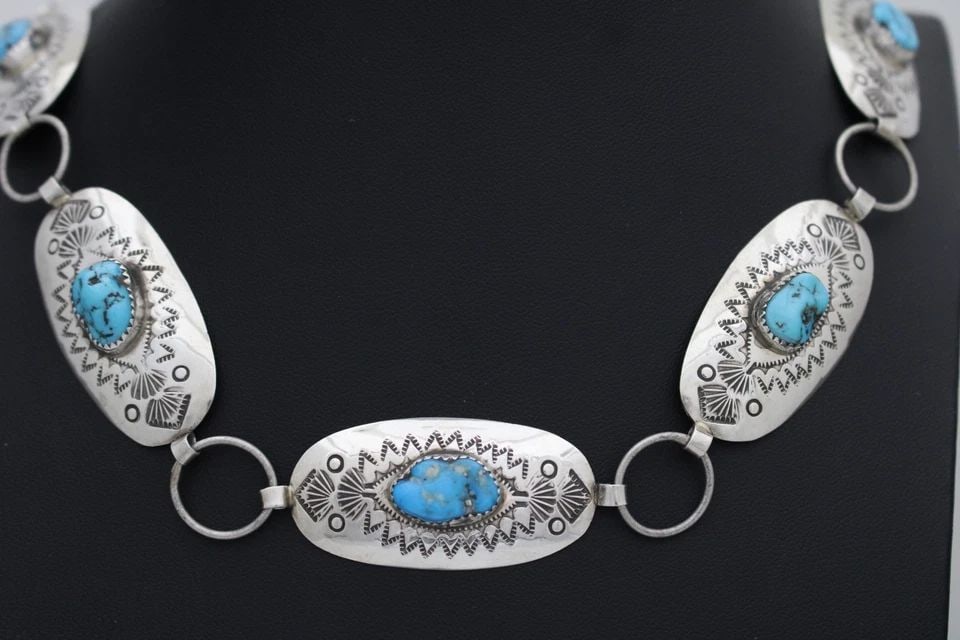 NATIVE AMERICAN NAVAJO STERLING SILVER OVAL TURQUOISE CONCHO CHAIN BELT 38" (1 of 2)