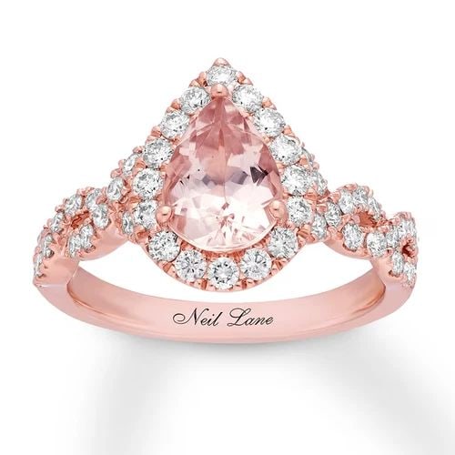 NEIL LANE 14K ROSE GOLD PEAR PINK MORGANITE & DIAMOND ENGAGEMENT RING SIZE 9: NEIL LANE 14K ROSE GOLD PEAR PINK MORGANITE & DIAMOND ENGAGEMENT RING SIZE 9 Description ***Stock Photos #1-3*** Neil Lane 14K Rose Gold Pear Pink Morganite & Diamond Engagement Ring Ring is in good c