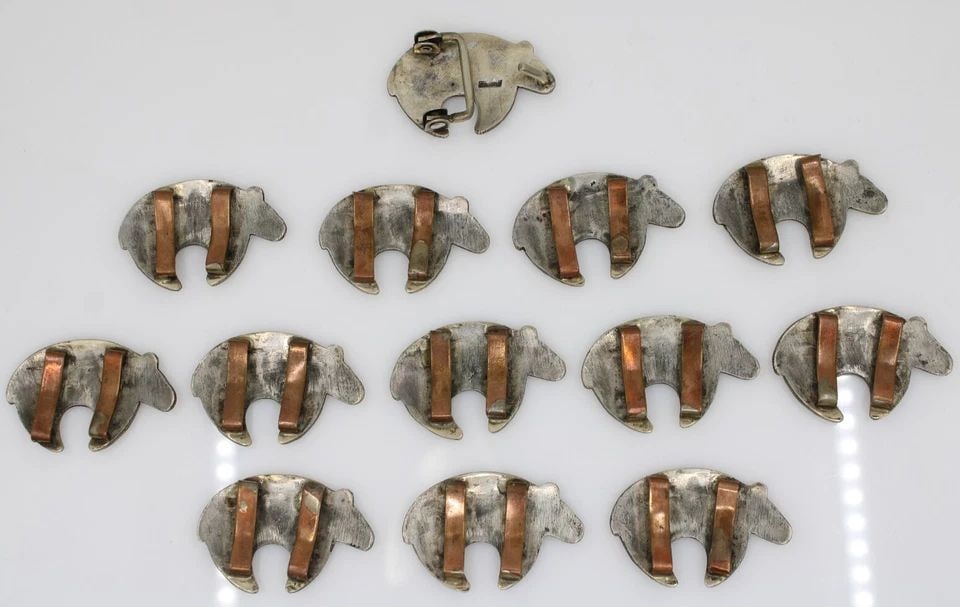 NATIVE AMERICAN SOUTHWEST STERLING 13 BEAR CONCHO BELT SLIDES & BUCKLE SET (1 of 2)