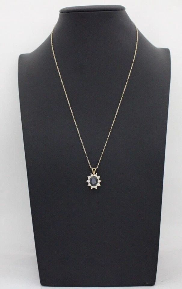 14K YELLOW GOLD OVAL BLUE SAPPHIRE & DIAMOND PENDANT W/ 18" CHAIN NECKLACE: 14K YELLOW GOLD OVAL BLUE SAPPHIRE & DIAMOND PENDANT W/ 18" CHAIN NECKLACE 14K YELLOW GOLD OVAL BLUE SAPPHIRE & DIAMOND PENDANT W/ 18" CHAIN NECKLACE Description 14K Yellow Gold Oval Blue Sapphire & D