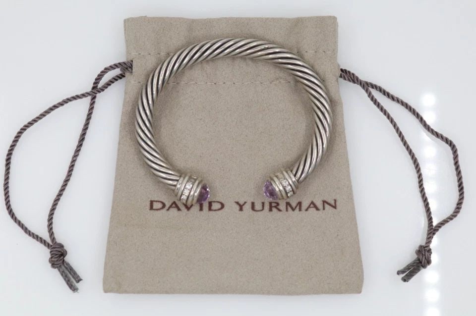 DAVID YURMAN STERLING SILVER 7MM CABLE AMETHYST & PAVE DIAMONDS CUFF BRACELET (1 of 2)