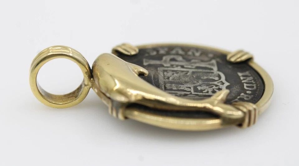 SILVER 1808 1 REAL CAROLUS IIII SPAIN COIN 10K COIN PENDANT W/ DOLPHIN 6.3 GRAMS (1 of 2)
