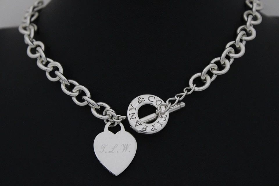 TIFFANY & CO. STERLING BLANK (ENGRAVED T.L.W) HEART TAG 16" TOGGLE NECKLACE (1 of 2)