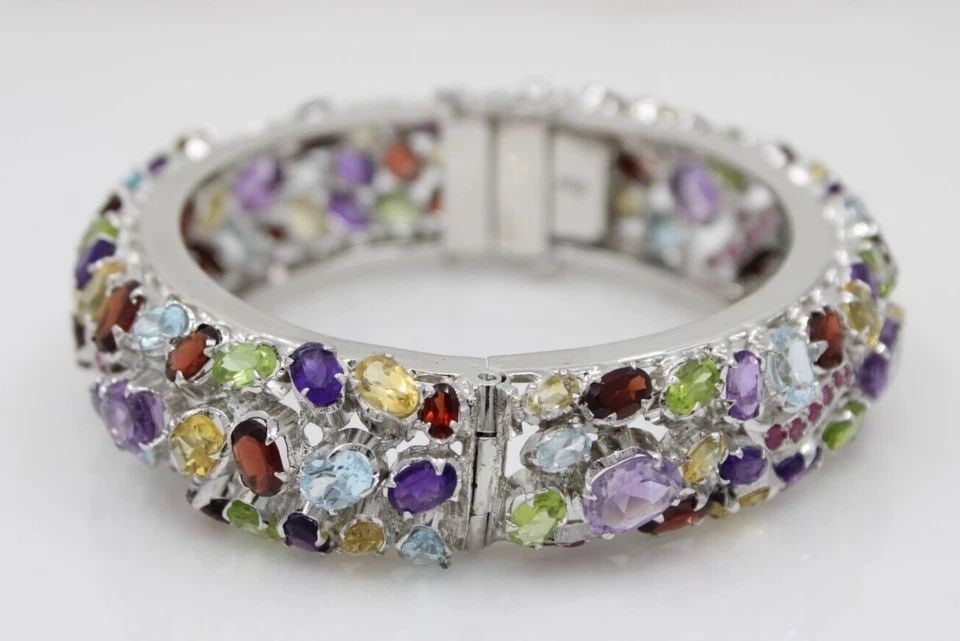 STERLING SILVER MULTI-COLORED GEMSTONE WIDE BANGLE 7" BRACELET 79.3 GRAMS (1 of 2)