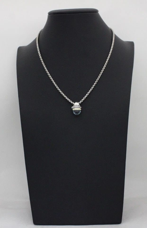 DAVID YURMAN STERLING SILVER W/ 14K GOLD BLUE TOPAZ ACORN PENDANT NECKLACE 16" (1 of 2)