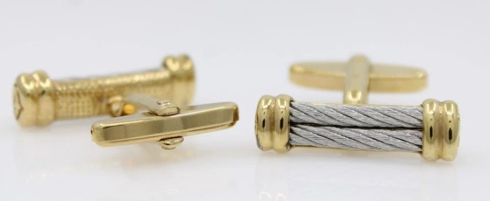 PHILIPPE CHARRIOL CABLE STAINLESS STEEL & 18K YELLOW GOLD VERMEIL CUFFLINKS: PHILIPPE CHARRIOL CABLE STAINLESS STEEL & 18K YELLOW GOLD VERMEIL CUFFLINKS Description Philippe Charriol Cable Stainless Steel & 18k Yellow Gold Vermeil Cufflinks Cuff links are in good condition. Sh
