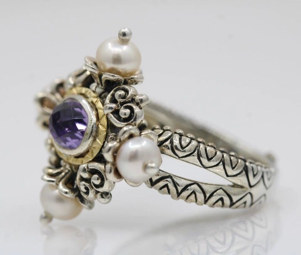 BARBARA BIXBY STERLING & 18K YELLOW GOLD CROSS AMETHYST PEARL RING SIZE 7: BARBARA BIXBY STERLING & 18K YELLOW GOLD CROSS AMETHYST PEARL RING SIZE 7 Description Barbara Bixby Sterling & 18K Yellow Gold Cross Amethyst Pearl Ring Item is in great condition. May show signs of w