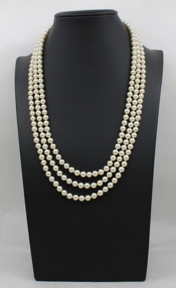 THREE-STRAND MALLORCA SIMULATED PEARL NECKLACE 20" W/ 10K GOLD COCA COLA CLASP (1 of 2)