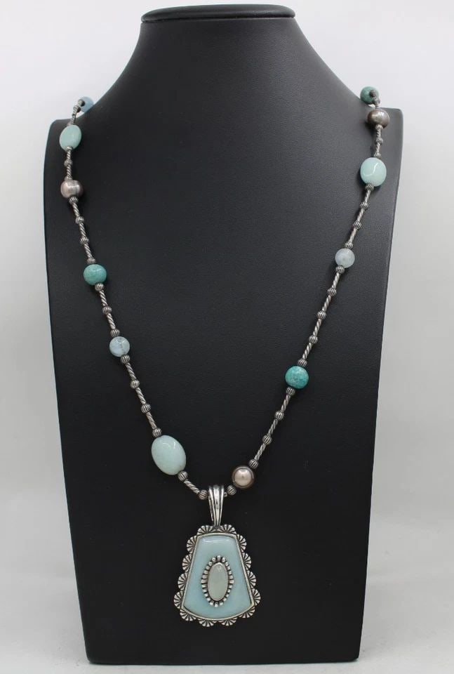 CAROLYN POLLACK STERLING SILVER RELIOS AMAZONITE MILKY AQUAMARINE NECKLACE 35" (1 of 2)
