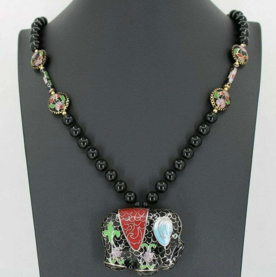VINTAGE CHINESE 14K BLACK ONYX CLOISONNE ENAMEL ELEPHANT PENDANT NECKLACE 30" (1 of 2)