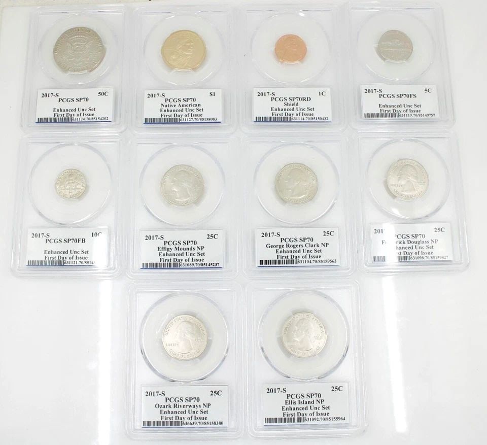 2017 S 225TH ANNIVERSARY ENHANCED PCGS SP70 FIRST DAY ANA RELEASE 10 COIN SET: 2017 S 225TH ANNIVERSARY ENHANCED PCGS SP70 FIRST DAY ANA RELEASE 10 COIN SET Description 2017 S 225TH ANNIVERSARY ENHANCED PCGS SP70 FIRST DAY ANA RELEASE 10 COIN SET The coin set is in great conditi