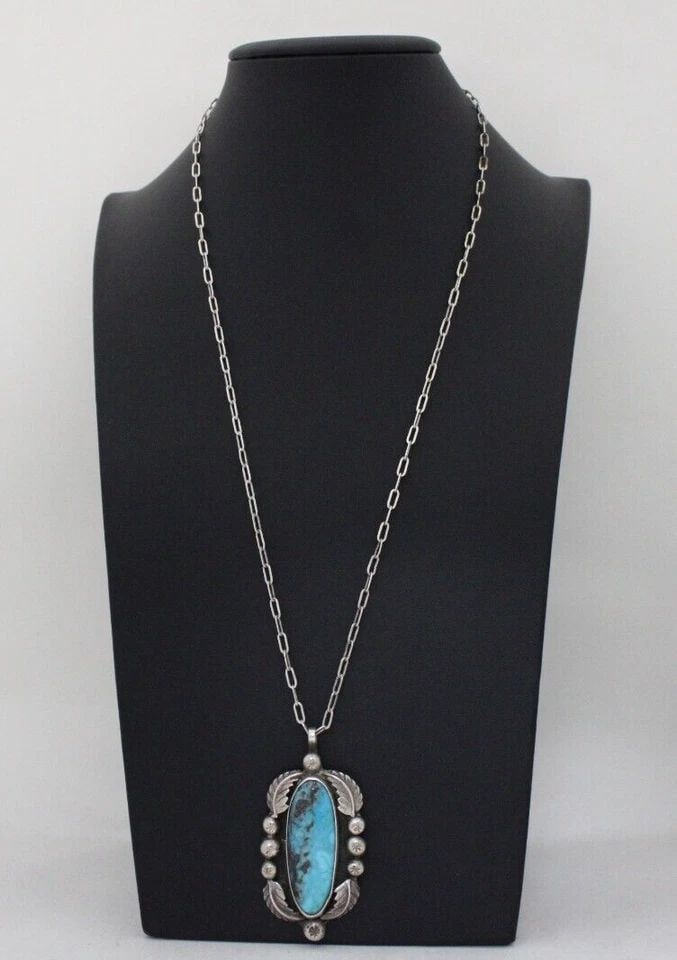 MADELINE BEYUKA ZUNI HANDMADE STERLING SILVER TURQUOISE PENDANT W/ 22" NECKLACE (1 of 1)
