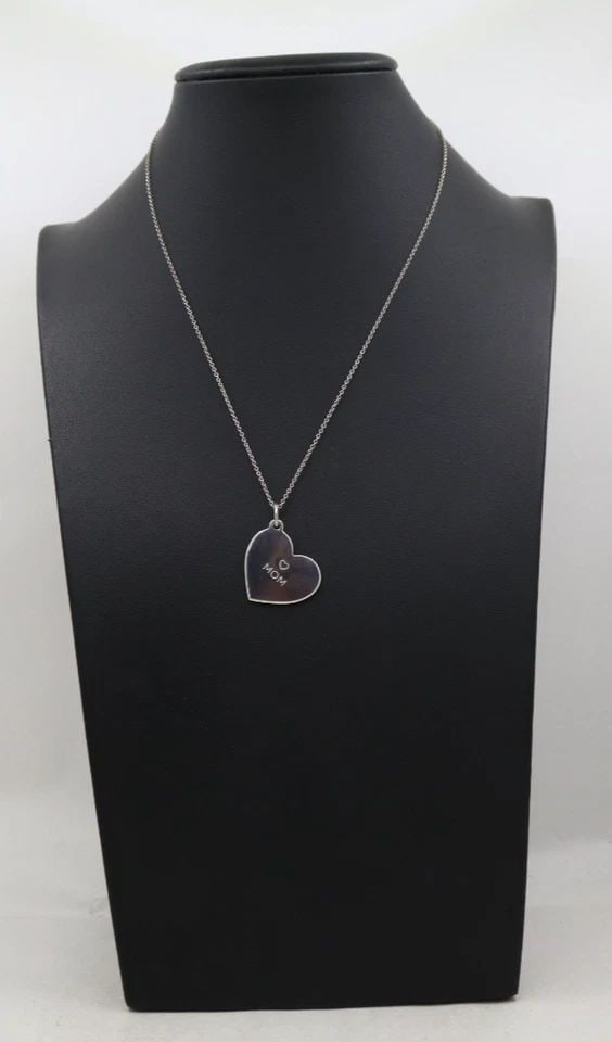 TIFFANY & CO. STERLING SILVER ENGRAVED "MOM" HEART TAG PENDANT W/ 16" NECKLACE (1 of 2)