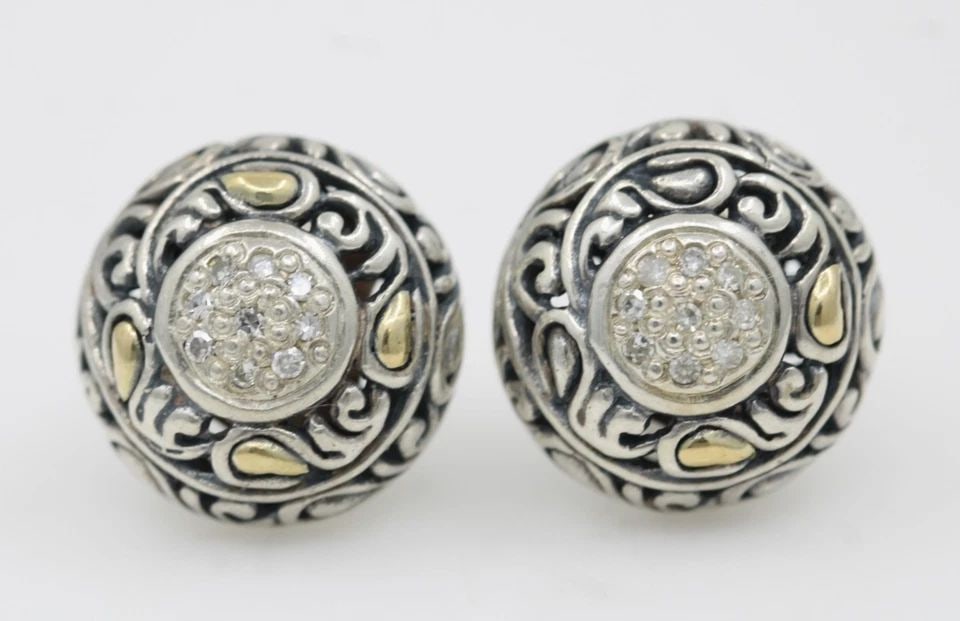 DAVID SCHOR DS STERLING SILVER & 18K YELLOW GOLD DIAMOND STUD OMEGA EARRINGS (1 of 2)
