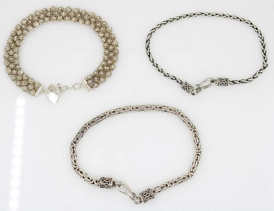 SET OF 3 STERLING SILVER 925 BALINESE & FLOWER 7" BRACELETS 42.1 GR (1 of 2)