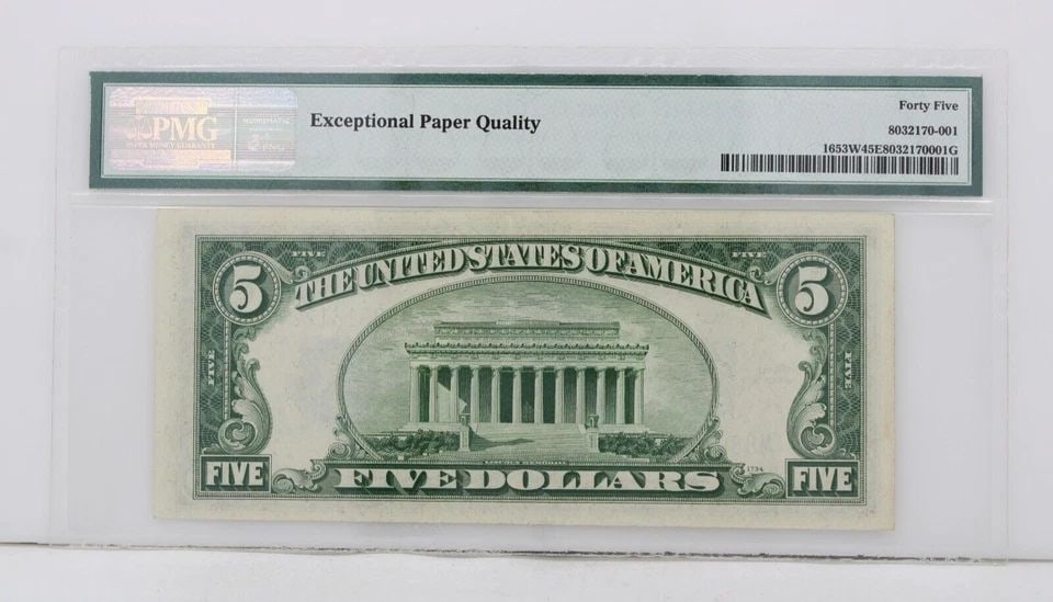 $5 1934C SILVER CERTIFICATE 45 CHOICE EXTREMELY FINE S/N M88913122A PP J BP 1734 (1 of 2)