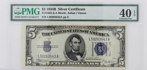 $5 1934B SILVER CERTIFICATE NOTE FR#1652 LA BLOCK PMG 40 EBQ EXTREMELY FINE (1 of 1)