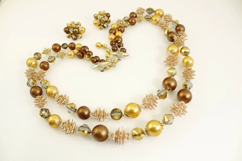 VINTAGE VENDOME BROWN GOLD MOLDED BEAD 24" NECKLACE CLIP ON EARRING SET FS!! (1 of 2)