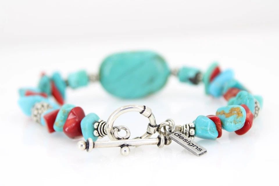 PAIGE WALLACE TURQUOISE, RED CORAL & BEAD TOGGLE 8" BRACELET (1 of 2)