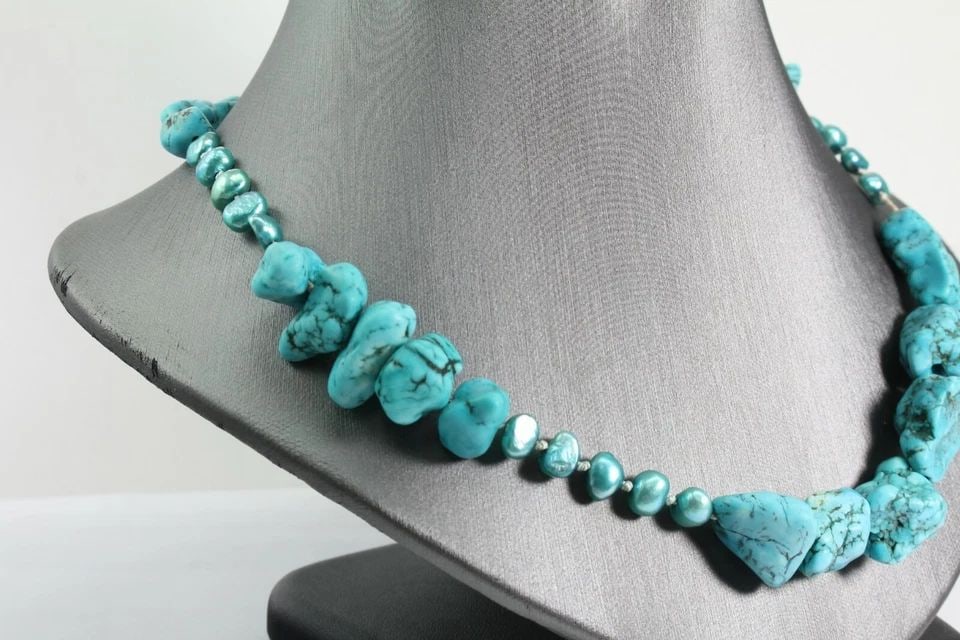 VINTAGE HANDCRAFTED TURQUOISE BEADED NUGGET STERLING SILVER CLASP 25" NECKLACE (1 of 2)
