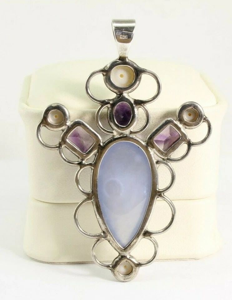 VTG 925 STERLING SILVER AMETHYST PEARL & LAVENDER JADE PENDANT 2.75" 20.9 GM FS! (1 of 2)