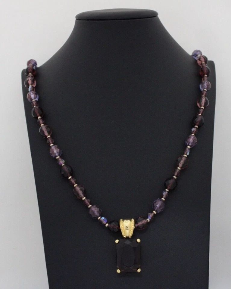JOAN RIVERS PURPLE GLASS BEADS 35" NECKLACE AURORA BOREALIS EMERALD CUT PENDANT (1 of 2)