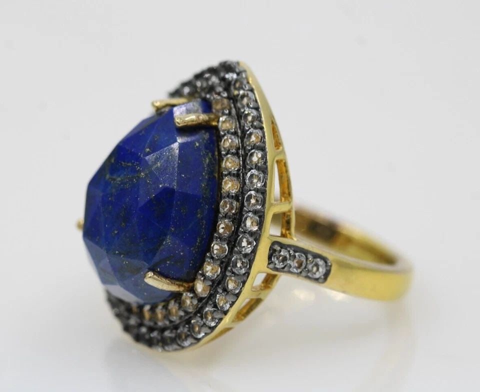 OG INDIA STERLING SILVER VERMEIL GOLD LAPIS LAZULI & CZ RING SIZE 7 ~ 7.1 GR (1 of 2)