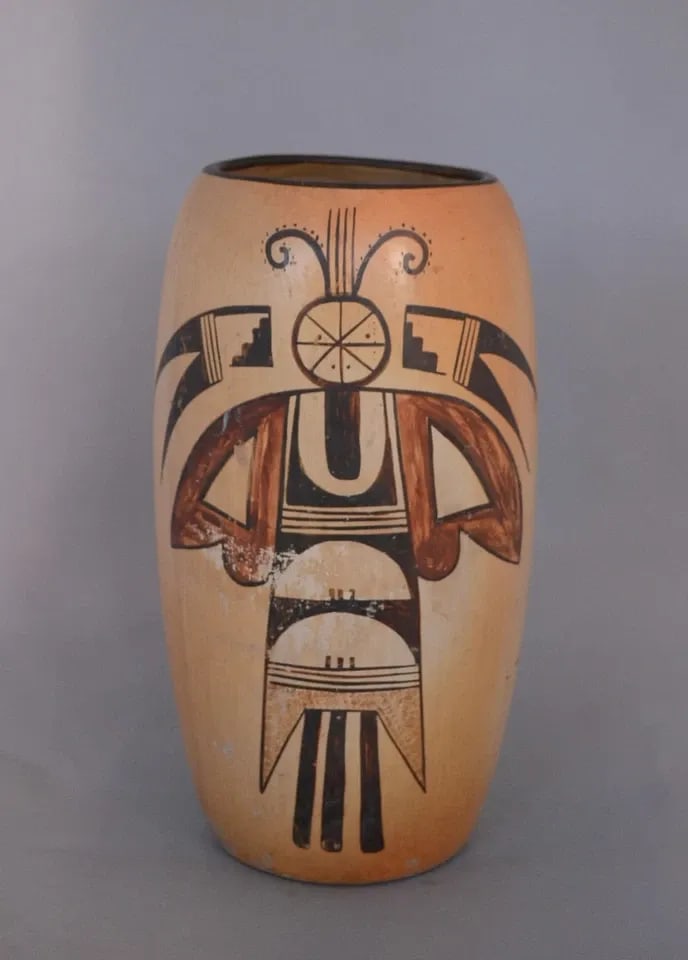 SADIE ADAMS (1905-1995) LARGE HOPI CYLINDER JAR POT - LARGE MOTH FIGURES - 11": SADIE ADAMS (1905-1995) LARGE HOPI CYLINDER JAR POT - LARGE MOTH FIGURES - 11" This large cylinder jar pot was made by famous Hopi potter Sadie Adams. It is 11 1/4" high and 6" wide. This pot shows 2 