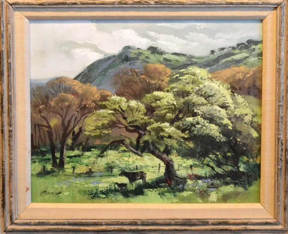 RICHMOND IRWIN KELSEY (1905 - 1987) CALIFORNIA LANDSCAPE PAINTING - CATTLE HILLS: RICHMOND IRWIN KELSEY (1905 - 1987) CALIFORNIA LANDSCAPE PAINTING - CATTLE HILLS Item Description: This original oil painting shows a lush California landscape in Spring with and cow and her calf graz