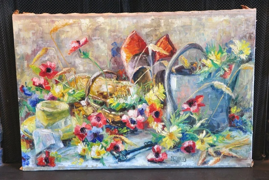 JACQUELINE GOUGIS ( 1926-) OIL PAINTING OF SUMMER FLOWER GARDEN - FRANCE: JACQUELINE GOUGIS ( 1926-) OIL PAINTING OF SUMMER FLOWER GARDEN - FRANCE Item Description: This colorful painting of a French garden was done by French artist Jacqueline Gougis. The painting is oil on