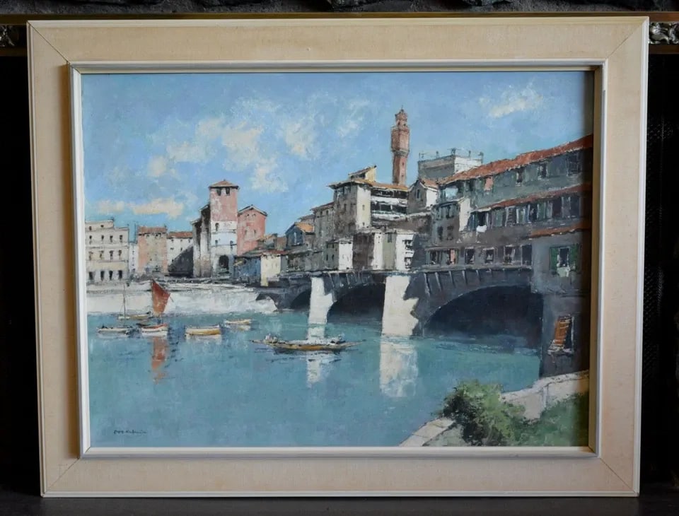 OTTO HELLMEIER (1908-1996) - LARGE OIL PAINTING PONTE VECCHIO FLORENCE ITALY: OTTO HELLMEIER (1908-1996) - LARGE OIL PAINTING PONTE VECCHIO FLORENCE ITALY Item Description: This large impressionist painting was done by German artist Otto Hellmeier (1908-1996). It is oil on canv