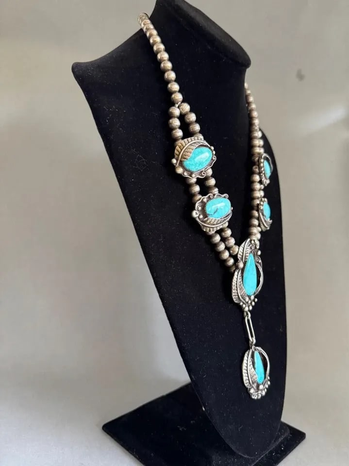 WADDIE CRAZYHORSE - EARLY SILVER BEAD NECKLACE - 6 LARGE TURQUOISE STONES - 20": WADDIE CRAZYHORSE - EARLY SILVER BEAD NECKLACE - 6 LARGE TURQUOISE STONES - 20" This stunning sterling silver necklace is an early piece created by Cochiti silversmith Red Dakota (Waddie) Crazyhorse. 