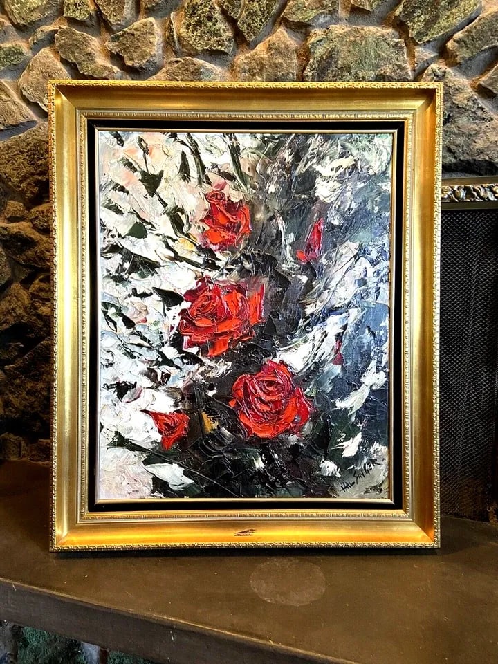 HAL SINGER - LARGE VINTAGE OIL PAINTING - RED ROSES STILL LIFE - FRAMED: HAL SINGER - LARGE VINTAGE OIL PAINTING - RED ROSES STILL LIFE - FRAMED Item Description: This vintage oil painting was done by East Coast artist Hal Singer (1919-2003). The painting is on canvas and 
