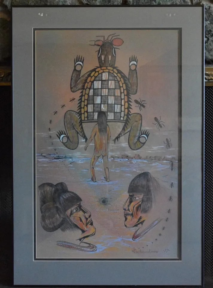 DELBRIDGE HONANIE (1946-) COOCHSIWUKIOMA - HOPI PAINTING - CREATION STORY: DELBRIDGE HONANIE (1946-) COOCHSIWUKIOMA - HOPI PAINTING - CREATION STORY Delbridge Honanie is a traditional Hopi artist who is a founding member of the group Artist Hopid which was formed to educate 