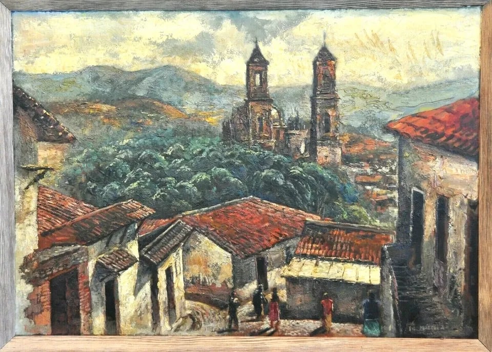 FIL MOTTOLA (1915-) OIL PAINTING TAXCO MEXICO STREET SCENE PRISCA - CALIF ARTIST: FIL MOTTOLA (1915-) OIL PAINTING TAXCO MEXICO STREET SCENE PRISCA - CALIF ARTIST Item Description: This large oil painting was done by California artist Filastro (Fil) Mottola. It is oil on masonite b