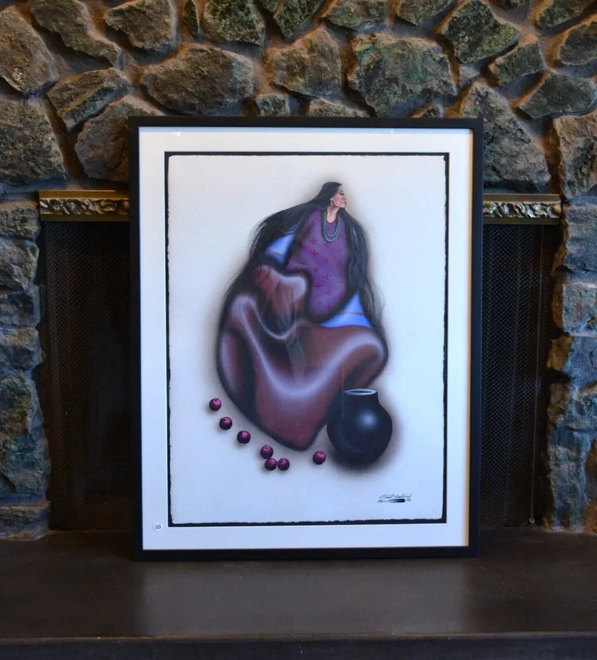 ROBERT REDBIRD (1939-2016) - ORIGINAL GOUACHE PAINTING BLANKET WOMAN - FRAMED (1 of 2)
