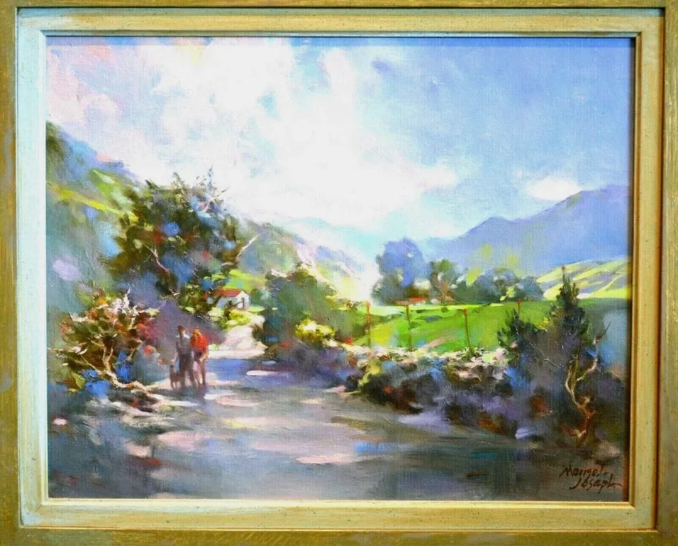 JAMES MENZEL JOSEPH - ORIGINAL OIL LANDSCAPE PAINTING - RURAL OJAI CALIFORNIA: JAMES MENZEL JOSEPH - ORIGINAL OIL LANDSCAPE PAINTING - RURAL OJAI CALIFORNIA Item Description: This painting was done by James Menzel Joseph (1932-2019). This landscape shows an idyllic scene bathed 