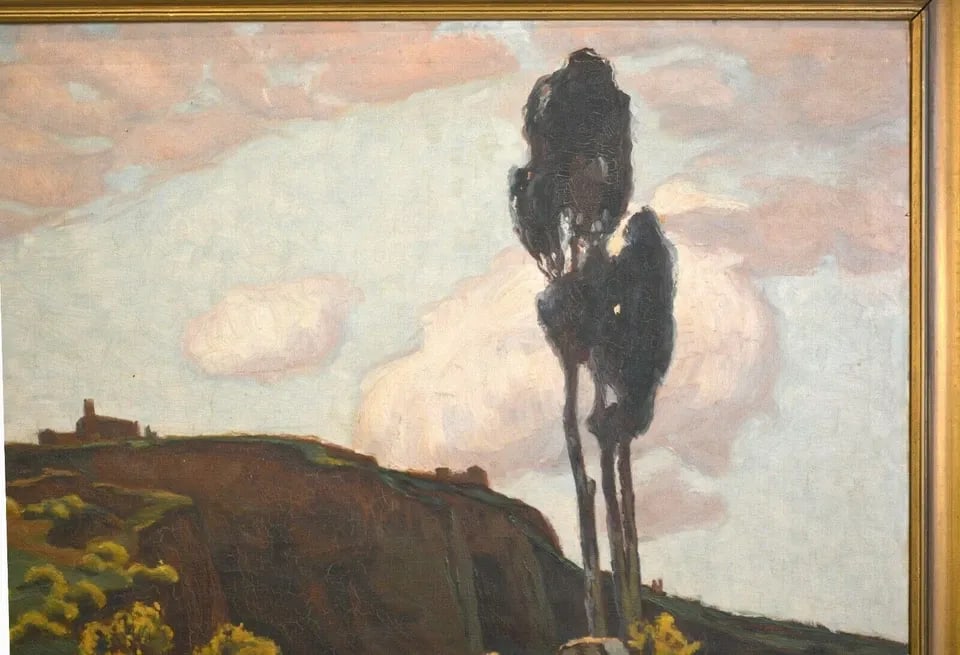 KARL O'LYNCH (1869-1942) ANTIQUE OIL LANDSCAPE PAINTING VOLTERRA ITALY TUSCANY: KARL O'LYNCH (1869-1942) ANTIQUE OIL LANDSCAPE PAINTING VOLTERRA ITALY TUSCANY Item Description: This evocative landscape painting was done by Karl O'Lynch (1869-1942). It shows a landscape in Tuscany