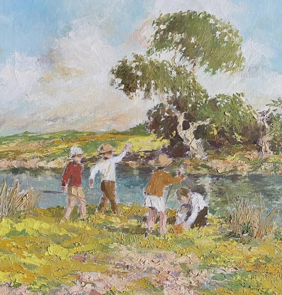VTG CALIFORNIA LANDSCAPE - OIL PAINTING - AT THE FISHING HOLE - SOTIRIS CORZO (1 of 2)