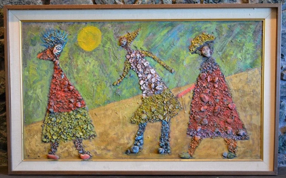 CAMILLE BLAIR (1894-) LARGE PAINTING COLLAGE - YOUNG WOMEN ON THE GO - FOLK ART (1 of 2)
