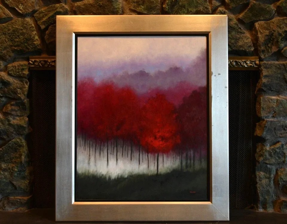 MELINDA FELLINI - ENCAUSTIC PAINTING ABSTRACT FOREST VIBRANT REDS WHITES BLACKS: MELINDA FELLINI - ENCAUSTIC PAINTING ABSTRACT FOREST VIBRANT REDS WHITES BLACKS This glowing abstract encaustic painting was done by Oregon / Arizona artist Melinda Fellini. It shows a forest in vibra