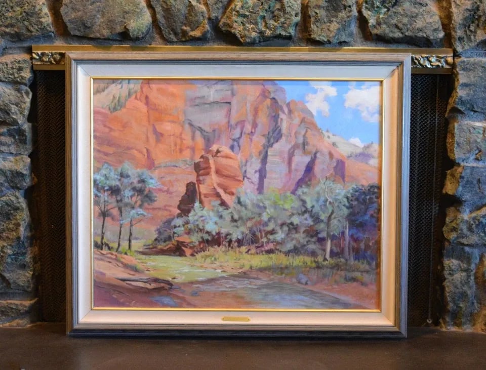 TOM WARD - LANDSCAPE OIL PAINTING - SINAWAVA AT ZION NATIONAL PARK - THE NARROWS: TOM WARD - LANDSCAPE OIL PAINTING - SINAWAVA AT ZION NATIONAL PARK - THE NARROWS This oil painting was done by Sedona, Arizona artist Tom Ward. It shows a view of the Sinawava Red Rock Formation at th
