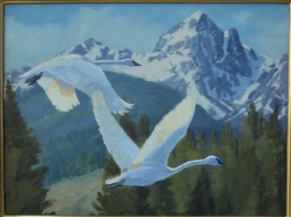 STEPHEN C. ELLIOT (1943-2021) PAINTING GRAND TETONS ROCKY MTNS SNOW TUNDRA SWANS: STEPHEN C. ELLIOT (1943-2021) PAINTING GRAND TETONS ROCKY MTNS SNOW TUNDRA SWANS This oil painting of Tundra Swans flying through the Grand Teton National Park in Wyoming was done by Stephen C. Elliot
