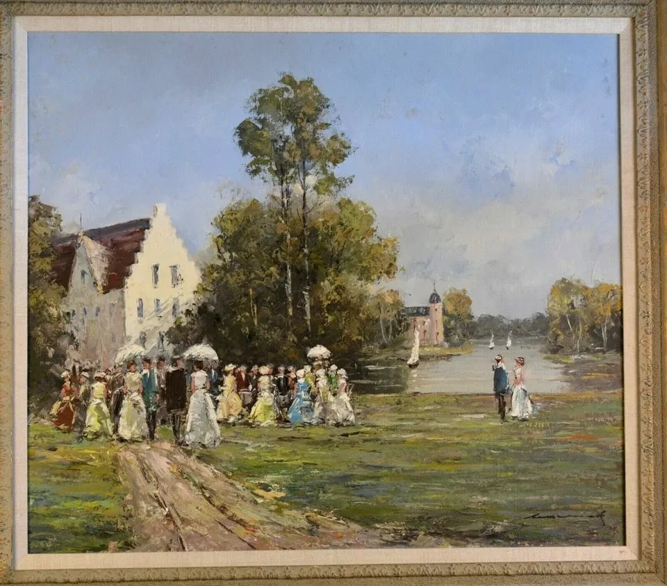 LG VTG LANDSCAPE OIL PAINTING- SUMMER LAKE PARTY - FRANZ MARTINEK (1 of 2)